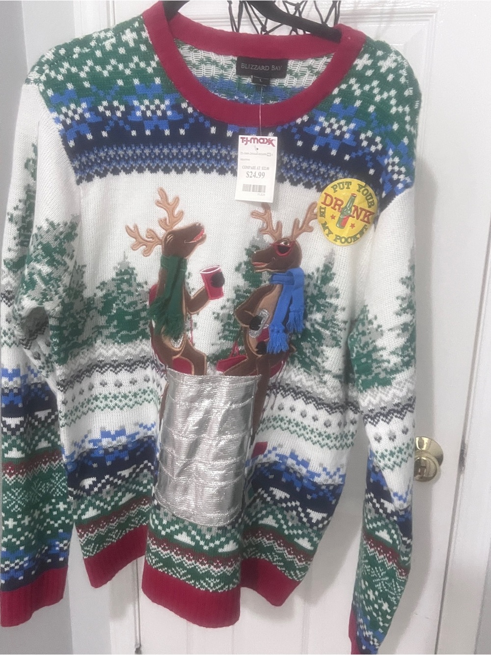Blizzard Bay Men's Holiday Reindeer Crewneck Sweater - White/Green